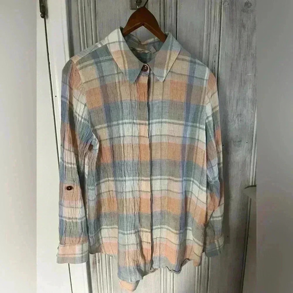 SOFT SURROUNDINGS Linen Pastel Plaid Button Down Tunic XS Laggenlook preppy prep - Picture 1 of 9